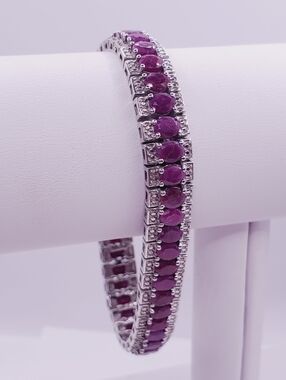 15 Carat Genuine Oval Ruby Rhodium - 925 Sterling Silver Tennis Bracelet